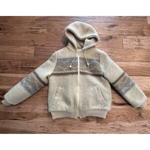 Vtg Gemini Canada 100% Wool Sherpa Lined Beige Hooded Bomber Jacket Coat Sz 16 L